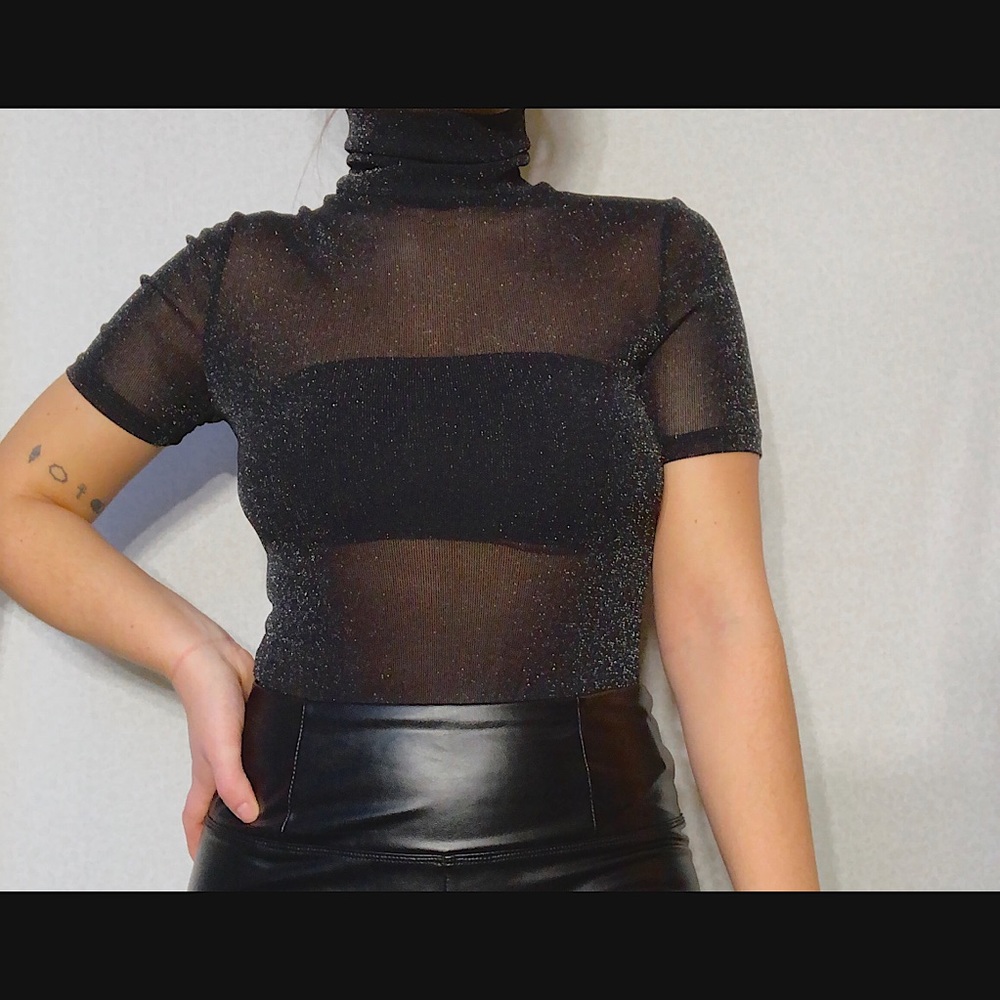 Sheer turtleneck bodysuit with sparkles